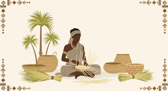 African woman weaving baskets, ideal for promoting traditional crafts and cultural heritage in arts and crafts events