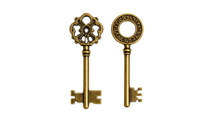 Two ornate brass keys with gear and arrow emblems isolated on transparent background