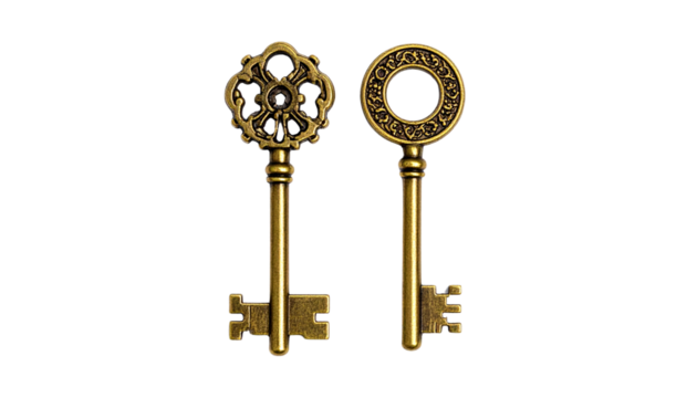 Two ornate brass keys with gear and arrow emblems isolated on transparent background