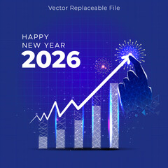 Happy New Year 2026 background. Abstract techno growth arrow on graph with hand pointing increasing upward.