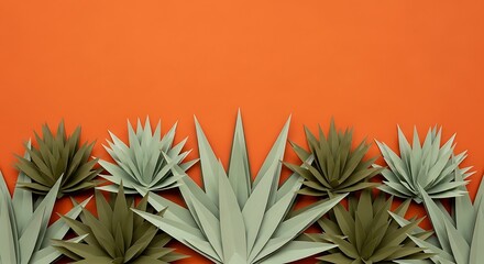 Minimalist Paper Plants on Orange Background.