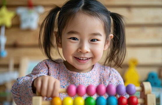 a young asian girl is playing with a colorful wooden toy, wearing vibrant and holding a hammer in her hand to hit some beads on top of it.