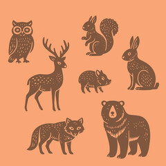 A seamless vector pattern featuring stylized woodland animals such as squirrels, foxes, deer, bears, owls, rabbits