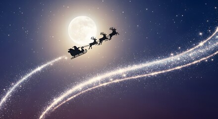A magical winter night scene with a silhouette of a sleigh pulled by reindeer against a bright moon.