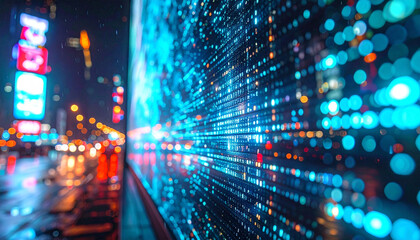 Digital Cityscape at Night: A mesmerizing digital display glows with data streams, reflecting the vibrant energy of a night city, illustrating the interconnectedness of modern technology.