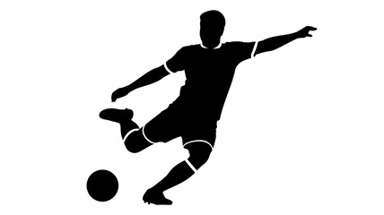 A black silhouette illustration of a male soccer player in a dynamic kicking pose against a white background.