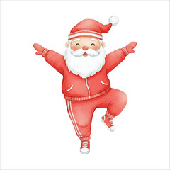 Santa Doing Aerobics Watercolor Vector Illustration on White Background
