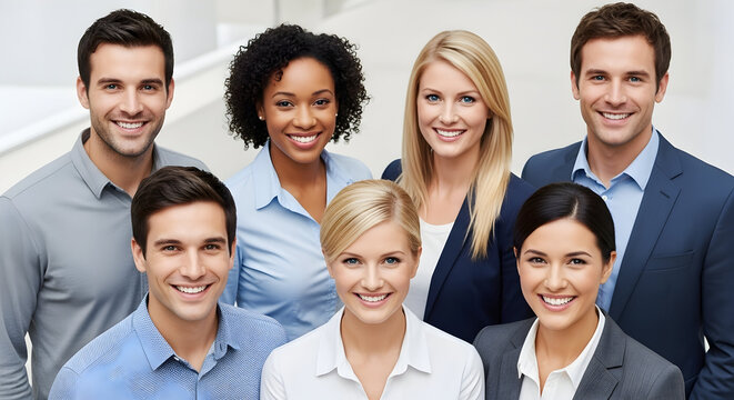 Diverse group of smiling professionals posing together for a corporate photo