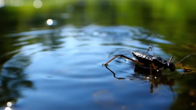 A water strider insect, dark body and long legs, rests on still water reflecting green