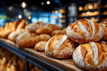 Freshly baked loaves of bread on display