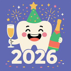 Cute Tooth Character Celebrating New Year 2026.
