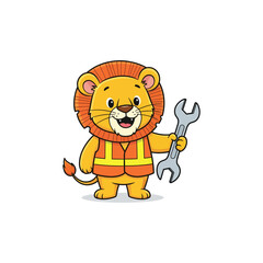 Fototapeta premium Lion in construction vest holding wrench ready for work.
