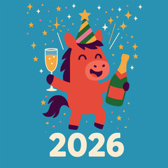 Fototapeta premium Festive illustration of a cheerful cartoon horse holding a glass of champagne and a bottle, celebrating the year 2026. Perfect for holiday cards, kids’ party invitations, or New Year themed projects.