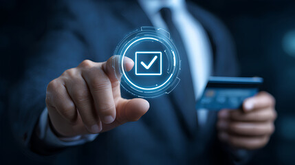 Secure Online Payment Transaction Process concept. Businessman confirming secure online payment using credit card through digital interface with verification tick symbol. Internet banking, fintech,