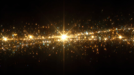 Shiny golden sparkle line with glowing star flare, vibrant glitter, and dust texture. Isolated for festive card, New Year disco background, or elegant decoration overlay.