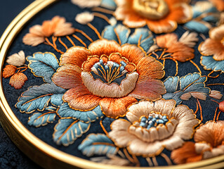 Decorative Floral Embroidery in a Shimmering Gold Hoop