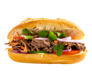 A vibrant, close-up shot of a filled baguette sandwich with various colorful toppings