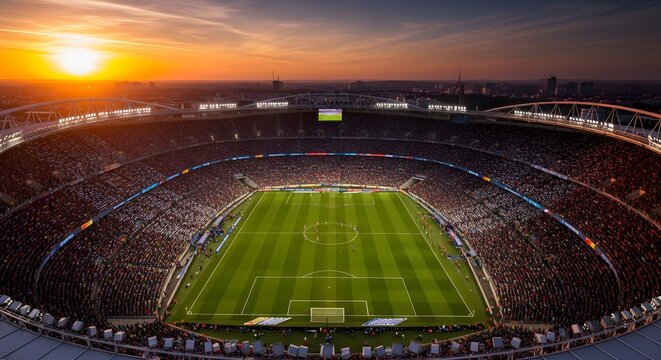 Aerial view of a soccer stadium filled with fans waving colorful flags, sunset lighting