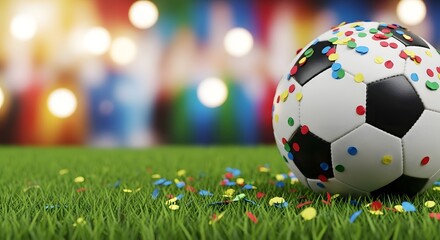Close-up of a soccer ball on green grass with confetti and celebration lights