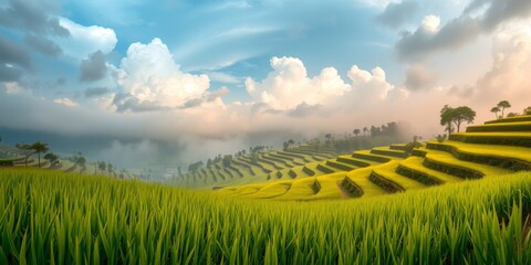 Fototapeta premium Expansive View of Lush Green Rice Terraces Under a Blue Sky with Fluffy Clouds and Soft Morning Light