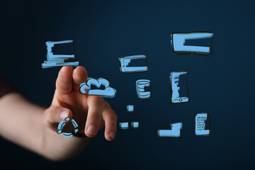 Hand interacting with digital icons, representing cloud computing, network, and data. Ideal for technology, innovation, and connectivity c