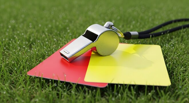Close-up of soccer referee whistle and red/yellow cards on grass