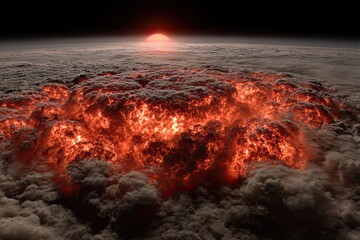 Fiery explosion cloud over planet, sun on horizon