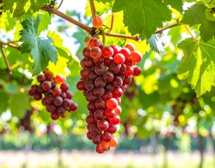 Ripe purple-red grapes hang heavily from green vines, bathed in sunlight