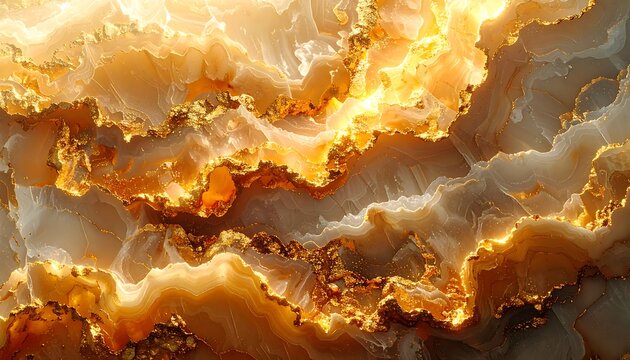 Abstract view of layers mimicking golden liquid and stone textures, with flowing, organic, and detailed forms