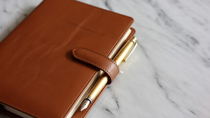A close-up photograph of a brown leather planner with a pen holder attachment. The planner cover is made of smooth, high-quality leather with a rich cognac brown color.