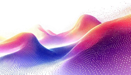 Abstract digital artwork depicts a colorful, undulating landscape composed of tiny, illuminated dots. The scene is bright and full of vibrant gradients
