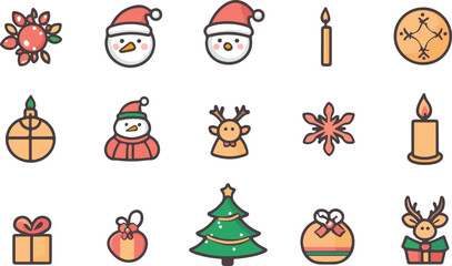 Fototapeta premium A colorful cartoon set of Christmas and New Year icons featuring Santa, a snowman, a gift, and a decorated tree vector illustration for your holiday celebration