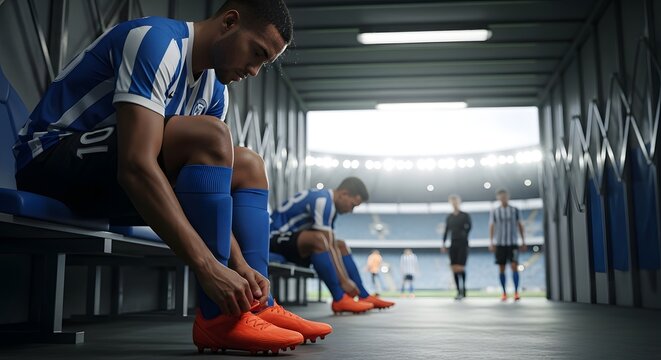Soccer player tying shoes before match, preparation moment - Powered by Adobe