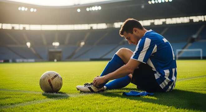 Soccer player tying shoes before match, preparation moment