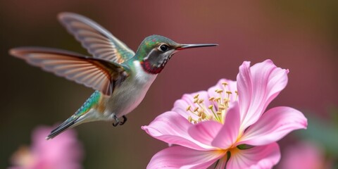 Fototapeta premium Colorful hummingbird feeding on vibrant pink flower with delicate petals against a blurred natural backdrop