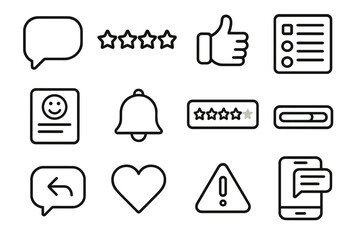 Modern Mobile Feedback outline icon set: gradient chat bubble, sleek rating stars, minimalist thumbs up, structured form layout, clean emoji line, transparent notification icon,