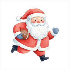 Santa Playing Rugby Watercolor Vector Illustration on White Background
