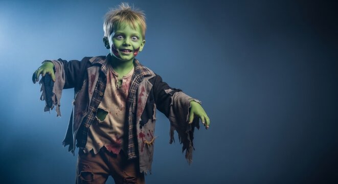 Young caucasian boy dressed as a zombie in a ragged costume with green skin on blue background for Halloween kids party fun. Banner template with copy space.