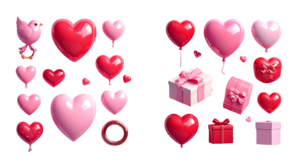 Pair of romantic Valentine icon collections featuring hearts, gifts, and Cupid symbols isolated on transparent background