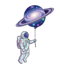 Astronaut holding Saturn-shaped galaxy balloon, dreamy pastel cosmic vector illustration, minimal night sky design