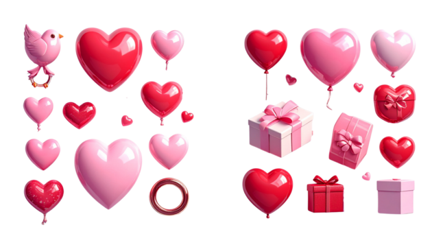 Pair of romantic Valentine icon collections featuring hearts, gifts, and Cupid symbols isolated on transparent background