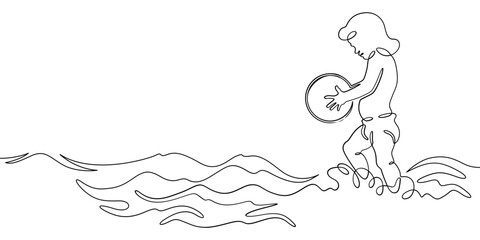 Continuous single line drawing Child on the beach. Summer vacation. Children in summer.Linear . One continuous line isolated minimalist illustration. Not AI.