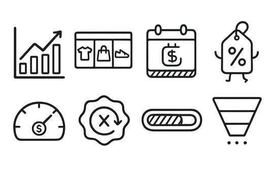 Sales E-Commerce Dashboards set of icons in doodle hand-drawn vector style: order volume graph, top-selling products chart, daily revenue tracker, discount performance icon,