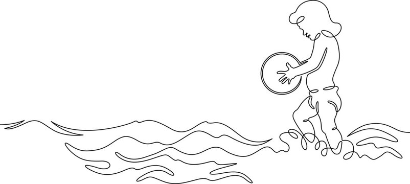 Continuous single line drawing Child on the beach. Summer vacation. Children in summer.Linear . One continuous line isolated minimalist illustration. Not AI.
