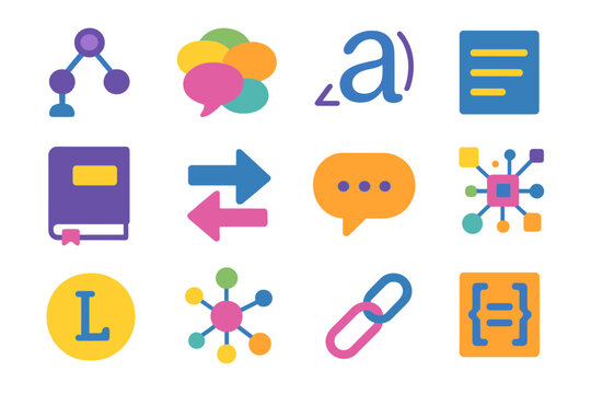 Linguistic NLP flat icons: syntax tree, word cloud, phoneme symbol, paragraph block, grammar book, translation arrows, voice bubble, data token, letter icon, semantic map, language