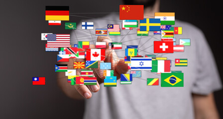 A conceptual image showcasing global connectivity, international relations, and the concept of a world connected through hand and flags. Represe