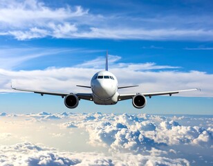 Fototapeta premium An airplane soars through a vibrant blue sky filled with fluffy white clouds, viewed from a direct front angle. The plane's silhouette is prominent