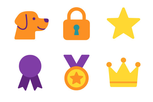 Loyalty markers flat icons: dog, lock, star, ribbon, medal, crown.