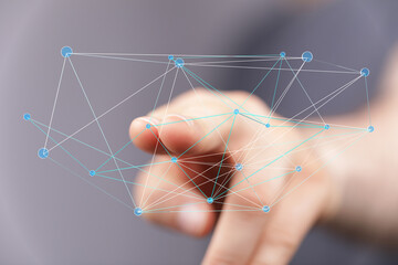 Abstract image of finger touching digital network. Global connection, technology, innovation concept.