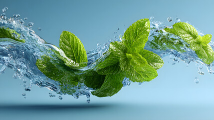 3d water splash with green tea or mint leaves isolated on transparent background png renderAbstract liquid wave curve fluid flow with leaf for menthol drink or mouthwash Ad banner3D illustration